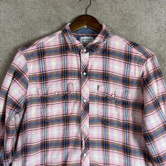 Scotch & Soda Iconic Western Shirt Mens Medium Pink Checked Flannel Linen Blend - Picture 3 of 14